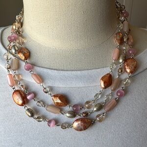 Three-Strand Pink and Copper Beaded Necklace for Women